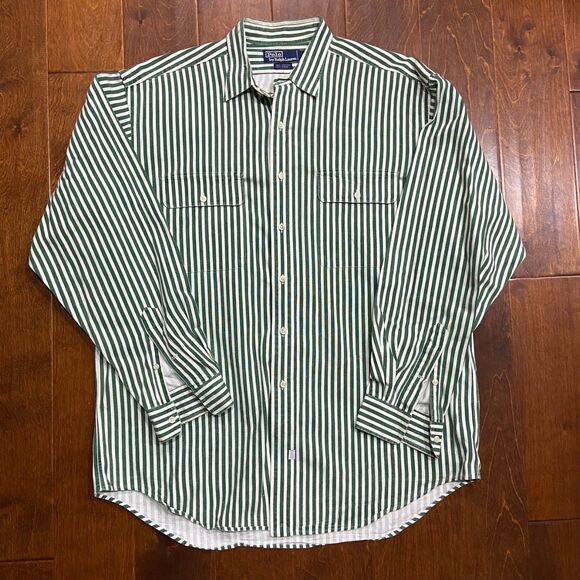Polo by Ralph Lauren Green and White Striped Casual Button Down Shirt - Picture 3 of 8